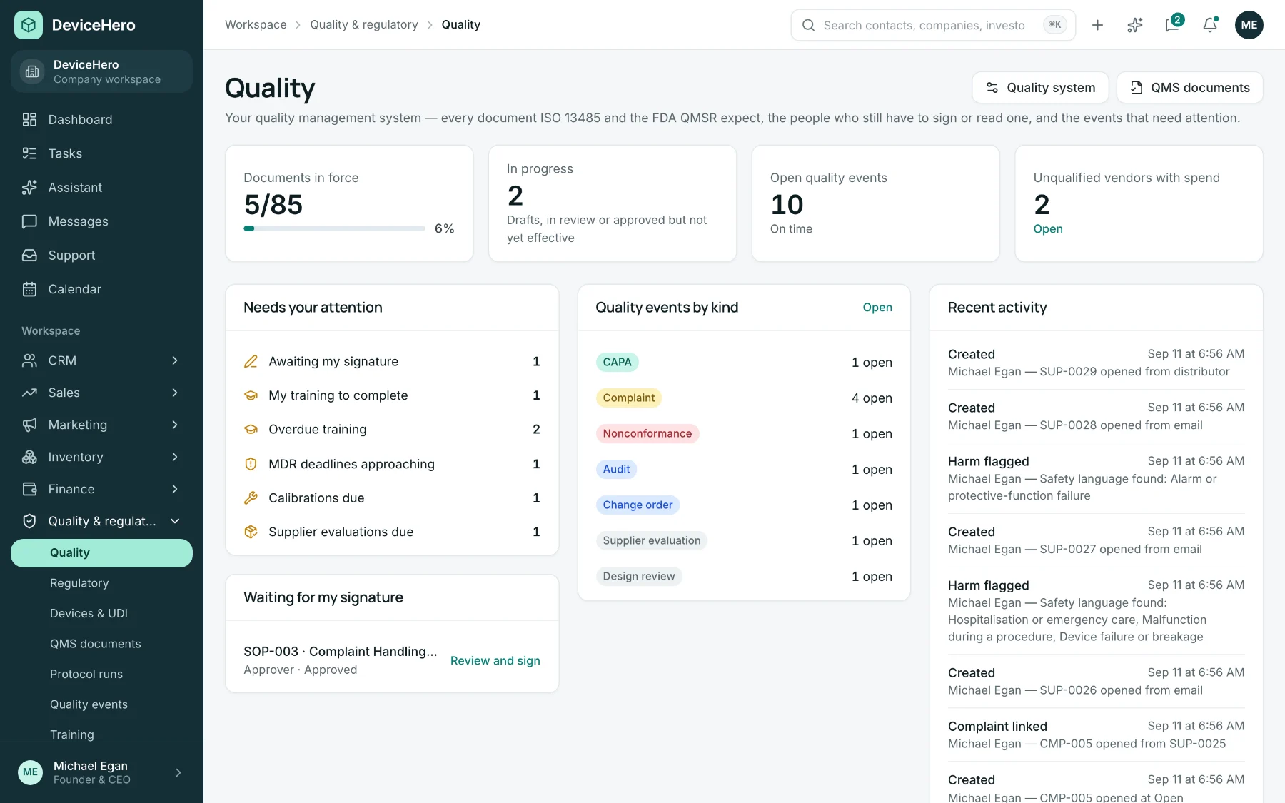 Quality hub showing five of 85 documents in force, two in progress, ten open quality events, a Needs your attention list including MDR deadlines and overdue training, open events broken down by kind, and a recent activity feed.
