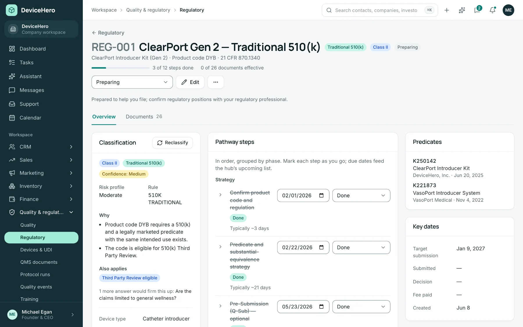 Regulatory submission REG-001 for the ClearPort Introducer Kit Gen 2, classified Class II Traditional 510(k) at medium confidence, three of twelve steps done, showing pathway steps with due dates, predicates K250142 and K221873, and a target submission of Jan 9, 2027.